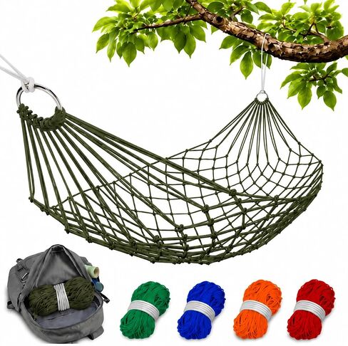 Mesh Hammock, Net Hammock for Outside Camping, 220 lb, Dark Green | Lightweight 13 oz Nylon Rope Bed Hangs Between Two Trees, No Stand Needed - for Backyards, Gardens, Beach Trips, and Travel in Saudi Arabia
