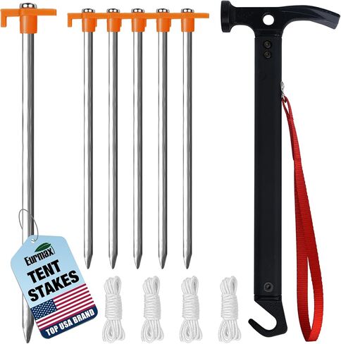 Eurmax USA 10-Pack Secure Protection Galvanized Tent Stakes,Rust-Proof Steel Canopy Anchors for High Winds,Heavy Duty Commercial Ground Pegs for Camping,Pop Up Tents&Gazebos - Includes 4x10ft Ropes in Saudi Arabia