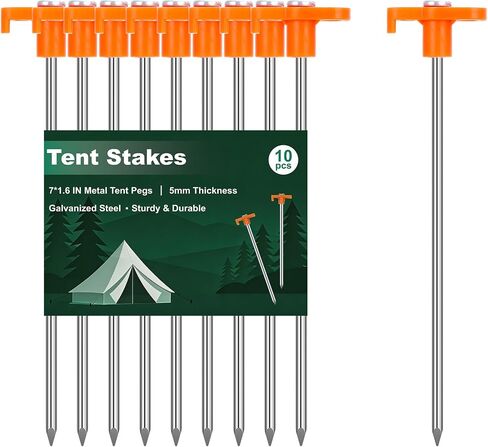 Heavy Duty Tent Stakes 7 Inch, 10 Pack Galvanized Steel Camping Pegs, Ground Anchors for Tents, Canopy and Tarp, Rust Resistant Metal Stakes with High Visibility Orange Heads for Outdoor in Saudi Arabia