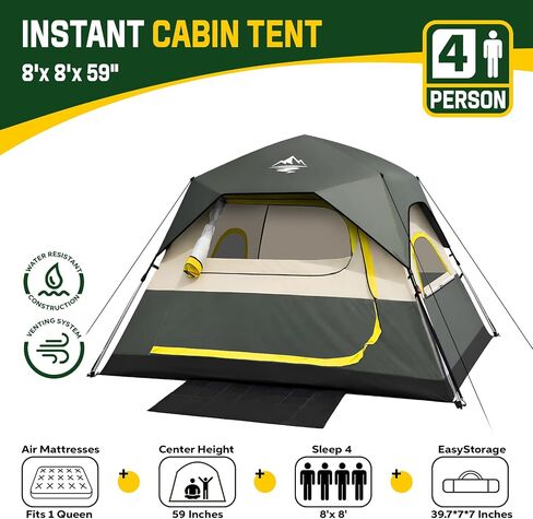 4 Person Instant Tents for Camping Setup in 50s, Cabin Tent with Rainfly | Waterproof Windproof Camping Tent, Double Layer Portable Instant Tents with Carry Bag for Family Outdoor Camping & Hiking in Saudi Arabia