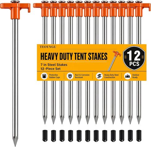 12-Pack Heavy Duty Camping Tent Stakes, 7.1-Inch Rust-Resistant Metal Tent Pegs with Orange Rubber Protective Sleeves for Tarps, Canopies and Garden Use in Saudi Arabia