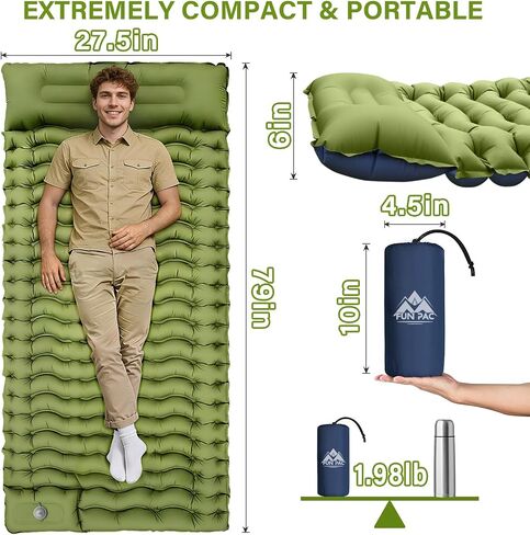 FUN PAC Camping Sleeping Pad, Ultralight Camping Mat with Pillow, Built-in Foot Pump Inflatable Sleeping Pads Compact for Camping Backpacking Hiking Traveling Tent,Single,Green in Saudi Arabia
