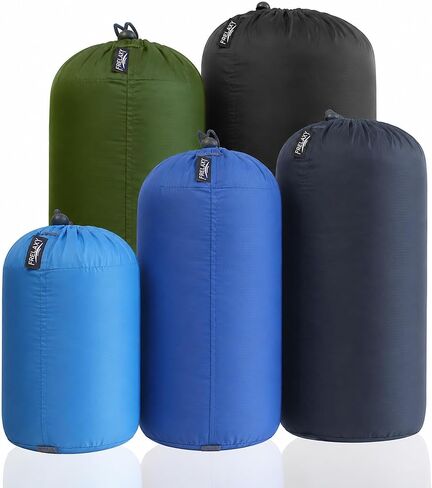 Frelaxy Stuff Sack Set 5-Pack (3L&5L&9L&15L&20L), Ultralight Ditty Bags with Dust Flap for Traveling Hiking Backpacking (Neon Green&Orange&Gray&Army Green&Black) in Kuwait