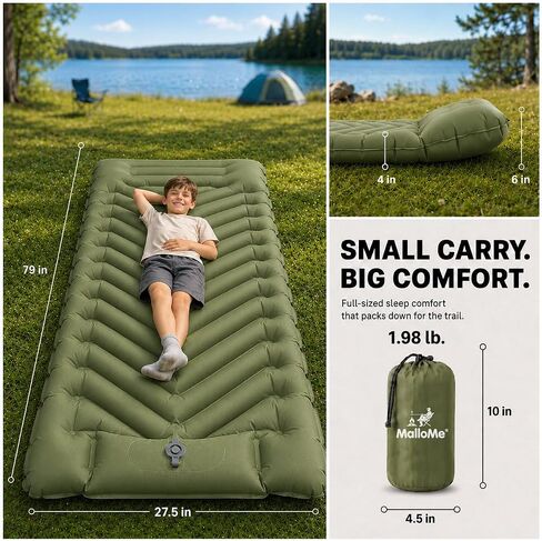 MalloMe Sleeping Pad for Camping, Camping Mattress - Bed for Outdoors Built-in Foot Pump Air Mattress for Backpacking Leak-Resistant Inflatable Travel Mat Compact Ultralight Single & Double in Saudi Arabia