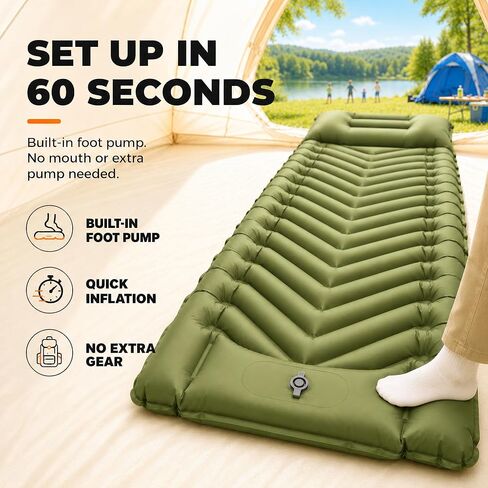 MalloMe Sleeping Pad for Camping, Camping Mattress - Bed for Outdoors Built-in Foot Pump Air Mattress for Backpacking Leak-Resistant Inflatable Travel Mat Compact Ultralight Single & Double in Saudi Arabia