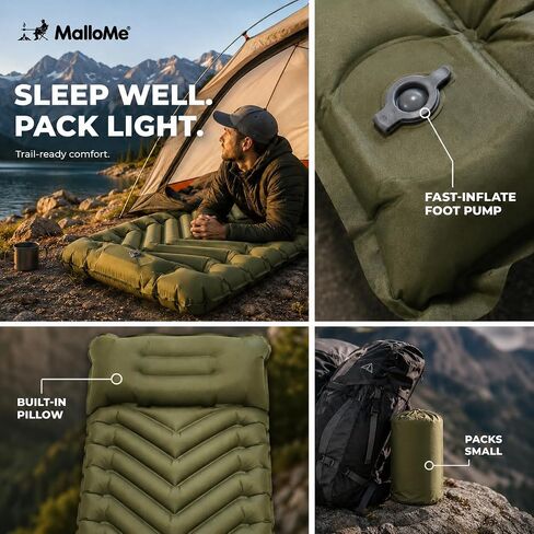 MalloMe Sleeping Pad for Camping, Camping Mattress - Bed for Outdoors Built-in Foot Pump Air Mattress for Backpacking Leak-Resistant Inflatable Travel Mat Compact Ultralight Single & Double in Saudi Arabia