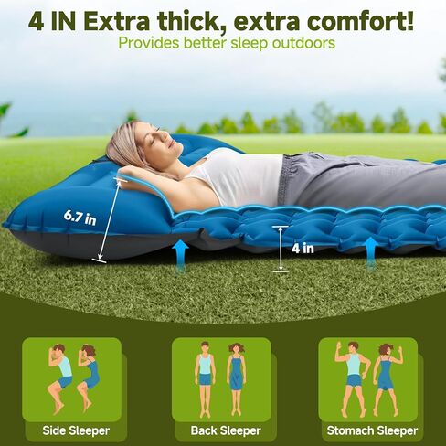 Double Camping Sleeping Pad, 4"" Extra Thick 2 Person Inflatable Sleeping Pad with Built-in Foot Pump & Pillow, Ultralight Self Inflating Camping Mattress for Tent, Backpacking, Hiking, Travel, RV in Saudi Arabia