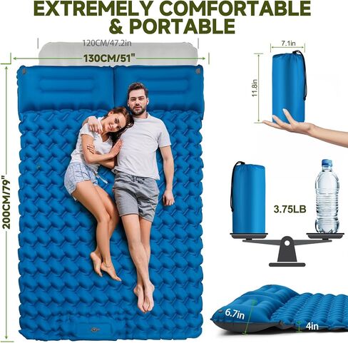 Double Camping Sleeping Pad, 4"" Extra Thick 2 Person Inflatable Sleeping Pad with Built-in Foot Pump & Pillow, Ultralight Self Inflating Camping Mattress for Tent, Backpacking, Hiking, Travel, RV in Saudi Arabia