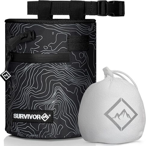 SURVIVOR Chalk Bag + Refillable Chalk Ball - Chalk Bag for Rock Climbing | Climbing Bag with Iconic Topographical Map, Drawstring Closure, Pockets & Brush Holder, Climbing Chalk Bag for Rock Climbing in Saudi Arabia