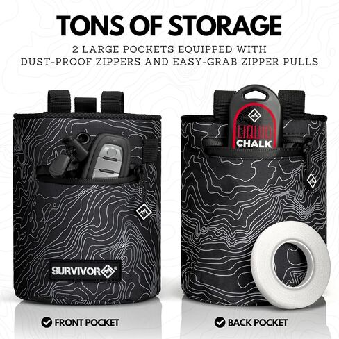 SURVIVOR Chalk Bag + Refillable Chalk Ball - Chalk Bag for Rock Climbing | Climbing Bag with Iconic Topographical Map, Drawstring Closure, Pockets & Brush Holder, Climbing Chalk Bag for Rock Climbing in Saudi Arabia