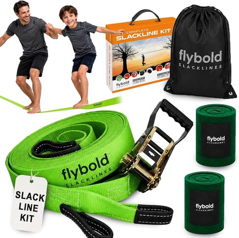 flybold Slackline Kit for Kids and Adults - 57 ft Balance Rope with Training Line, Tree Protectors, Arm Trainer, Ratchet Cover, and Carry Bag - Ideal for Tightrope Walking and Slackline Zipline in Kuwait