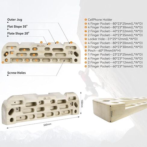 TWO STONES Hangboard Rock Climbing Hangboard with Door Way Pull Up Bar; Including Jugs, Pinches, Pockets, Edges and Slopes for Rock Climbing Training in Kuwait
