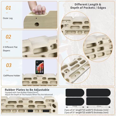 TWO STONES Hangboard Rock Climbing Hangboard with Door Way Pull Up Bar; Including Jugs, Pinches, Pockets, Edges and Slopes for Rock Climbing Training in Kuwait