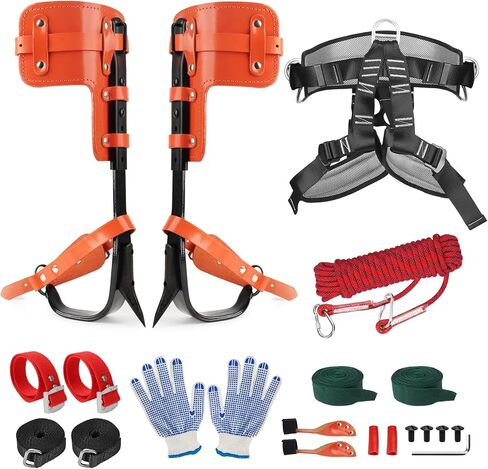 Tree Climbing Spikes Set, 350LB Capacity Adjustable Climbing Gear | Arborist Kit with 64FT Rope, Straps & Gloves, Heavy-Duty Alloy Steel Spurs for Tree Trimming, Hunting & Fruit Picking in Saudi Arabia