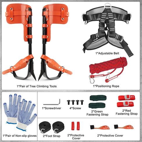Tree Climbing Spikes Set, 350LB Capacity Adjustable Climbing Gear | Arborist Kit with 64FT Rope, Straps & Gloves, Heavy-Duty Alloy Steel Spurs for Tree Trimming, Hunting & Fruit Picking in Saudi Arabia