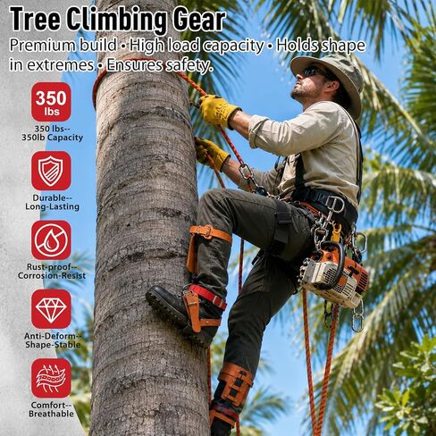 Tree Climbing Spikes Set, 350LB Capacity Adjustable Climbing Gear | Arborist Kit with 64FT Rope, Straps & Gloves, Heavy-Duty Alloy Steel Spurs for Tree Trimming, Hunting & Fruit Picking in Saudi Arabia
