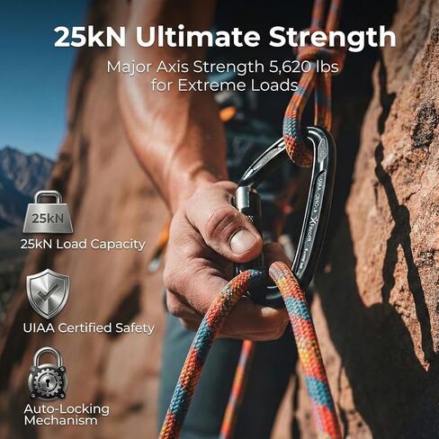 25kN Heavy Duty Climbing Carabiner - UIAA Certified Large Auto Locking Clip | Ultra Lightweight 7075 Aluminum Gear with 5620lbs Capacity - Secures Hammocks Big Dogs or Tree Rescue Equipment safely in Saudi Arabia