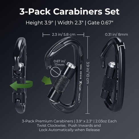 25kN Heavy Duty Climbing Carabiner - UIAA Certified Large Auto Locking Clip | Ultra Lightweight 7075 Aluminum Gear with 5620lbs Capacity - Secures Hammocks Big Dogs or Tree Rescue Equipment safely in Saudi Arabia