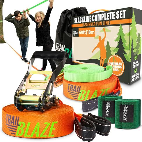 Complete Slackline Kit for Kids & Adults - 60ft Ninja Line (Orange) | With Overhead Arm Training Line - 300 lb Capacity, 3 Year Warranty in Saudi Arabia