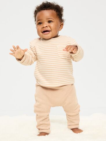Old Navy Long-Sleeve Ribbed Pocket T-Shirt and Pants Set for Baby - Neutral Stripe in Kuwait