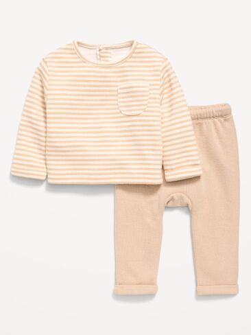 Old Navy Long-Sleeve Ribbed Pocket T-Shirt and Pants Set for Baby - Neutral Stripe in Kuwait