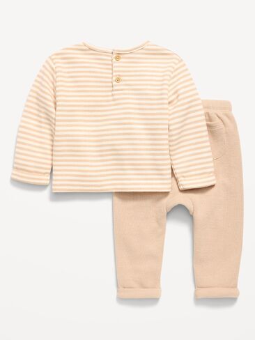 Old Navy Long-Sleeve Ribbed Pocket T-Shirt and Pants Set for Baby - Neutral Stripe in Kuwait