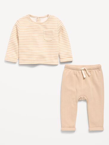 Old Navy Long-Sleeve Ribbed Pocket T-Shirt and Pants Set for Baby - Neutral Stripe in Kuwait