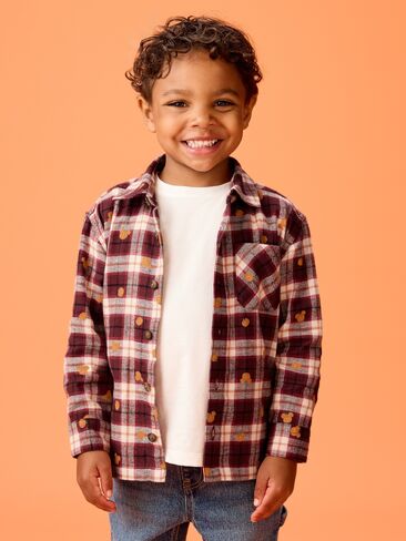 Old Navy Old Navy x Disney Mickey Mouse Flannel Unisex Shirt for Toddler - Orange Black Plaid in Kuwait