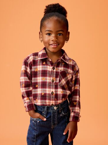Old Navy Old Navy x Disney Mickey Mouse Flannel Unisex Shirt for Toddler - Orange Black Plaid in Kuwait