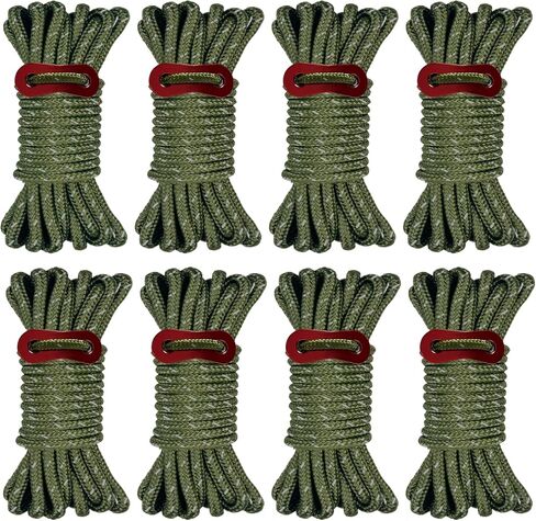 8 Pack 4mm Guy Lines, Total 104ft Ultralight Tent Cords with Aluminum Adjuster Tensioner, Tent Guy Lines for Tarps, Camping, Hiking(Olive Green,8 Packs) in Saudi Arabia