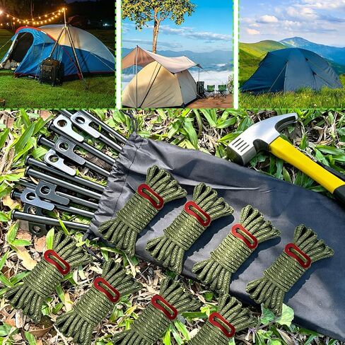 8 Pack 4mm Guy Lines, Total 104ft Ultralight Tent Cords with Aluminum Adjuster Tensioner, Tent Guy Lines for Tarps, Camping, Hiking(Olive Green,8 Packs) in Saudi Arabia