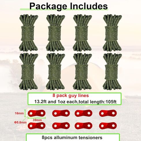 8 Pack 4mm Guy Lines, Total 104ft Ultralight Tent Cords with Aluminum Adjuster Tensioner, Tent Guy Lines for Tarps, Camping, Hiking(Olive Green,8 Packs) in Saudi Arabia