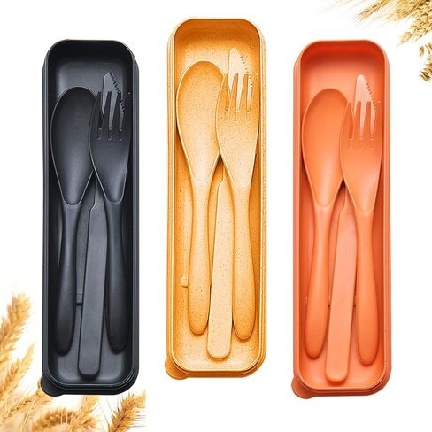 Reusable Travel Utensils Set with Case, 4 Sets Wheat Straw Portable Knife Fork Spoons Tableware, Eco-Friendly BPA Free Cutlery for Kids Adults Picnic Camping Utensils(Green, Beige, Pink, Blue) in Kuwait