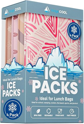 4 Pack Slim Ice Packs for Lunch Boxes, Reusable Kids Cold Packs for Coolers | Cute Pink Design, Stays Cold Up to 12 Hours, 4.5"x6" Small Ice Packs for Kids Lunch Box, BPA-Free in Saudi Arabia