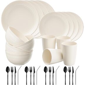 Quatish 48 Piece Plates and Bowls Sets for 6, Unbreakable Dinnerware Sets, Plastic Dish Set for Camping, Dishwasher Microwave Safe, Outdoor Kitchen and Apartment Dinning RV Essentials, Black in Saudi Arabia