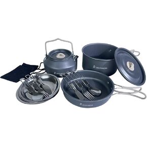 13-Piece Camping Cookware Set for 2, 2 L Pot & 1.1 L Kettle | 0.7 L frying pan, tableware for two, hard-anodized aluminum, silicone handles, 690 g total weight and nesting storage in Saudi Arabia