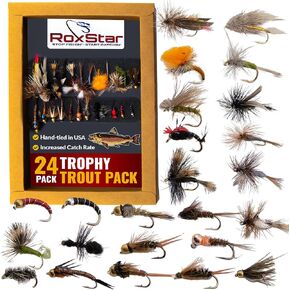 RoxStar Fly Shop Trophy Trout Top الذباب الرطب والجاف لسمك السلمون المرقط. ثبت على الصعيد الوطني لصيد الأسماك! هدية صيد السمك المقيدة داخليًا ولا يتم الاستعانة بمصادر خارجية أبدًا in Kuwait