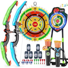 2 Pack Kids Bow and Arrow, LED Archery Set with Dinosaur Target | with 24 Suction Cup Arrows, 1 Standing Target, 6 Score Targets & 2 Quiver, Indoor Outdoor Sport Gifts for Boys Girls in Kuwait