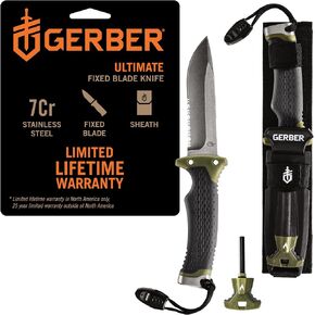 Gerber Ultimate Fixed Blade Knife w/Sheath, Knife Sharpener, Ferro Rod | Bushcraft & hunting knife, combo edge blade, whistle, sheath with integrated sharpener, fire starter, camping EDC tool in Kuwait