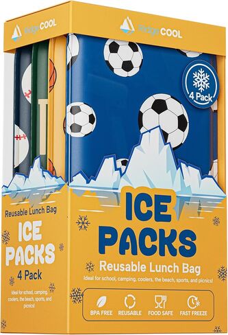 4 Pack Slim Ice Packs for Lunch Boxes, Reusable Kids Cold Packs for Coolers | Fun Sports Design, 4.5"x6" Stays Cold Up to 12 Hours, Small Ice Packs for Kids, BPA-Free in Saudi Arabia