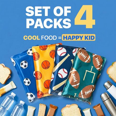 4 Pack Slim Ice Packs for Lunch Boxes, Reusable Kids Cold Packs for Coolers | Fun Sports Design, 4.5"x6" Stays Cold Up to 12 Hours, Small Ice Packs for Kids, BPA-Free in Saudi Arabia