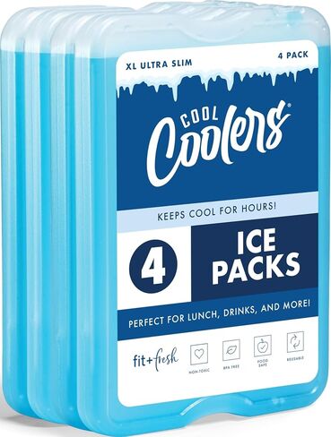 Cool Coolers by Fit & Fresh 4 Pack XL Slim Ice Packs, Quick Freeze Space Saving Reusable Ice Packs for Lunch Boxes or Coolers in Kuwait