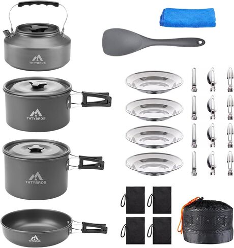 THTYBROS 27pcs Camping Cooking Set for 2-4 People, Portable Cookware Set with Kettle, Pots & Pans, Stainless Steel Utensils, Plates, Dishware for Backpacking, Picnic, Outdoor Adventures in Saudi Arabia