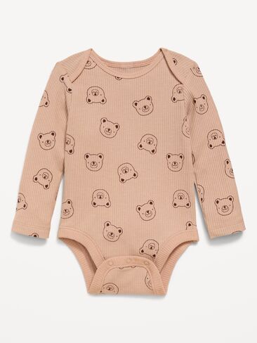Old Navy Printed Long-Sleeve Ribbed Bodysuit for Baby - Brown Bear in Kuwait