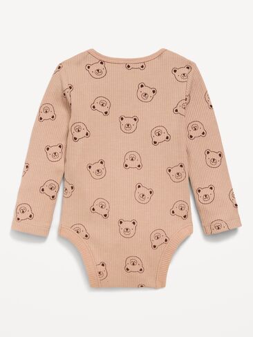 Old Navy Printed Long-Sleeve Ribbed Bodysuit for Baby - Brown Bear in Kuwait