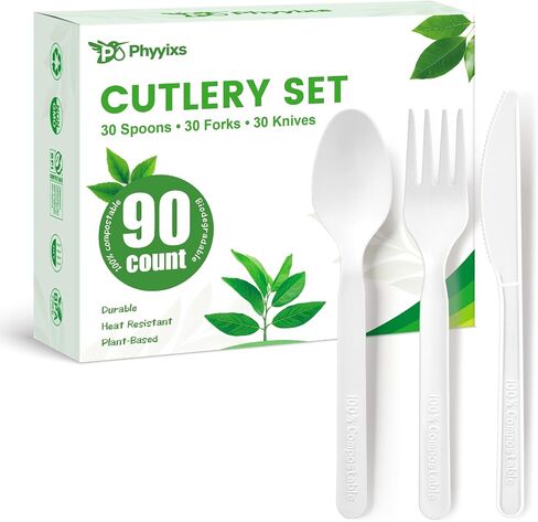 360 Count Compostable Cutlery Set - 150 Forks, 150 Spoons, 60 Knives. Extra Heavy Duty Silverware, Heat Resistant & BPA-Free. Disposable Utensils for Wedding, Party, Daily Use. in Saudi Arabia