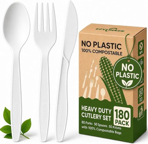 180-Count Compostable Utensils Set - Heavy Duty BPI Certified, Plastic-Free Disposable Forks, Spoons, Knives Set for BBQ, Camping, Events - Plant-Based No Plastic Cutlery in Saudi Arabia