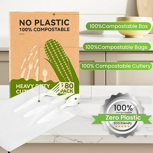 180-Count Compostable Utensils Set - Heavy Duty BPI Certified, Plastic-Free Disposable Forks, Spoons, Knives Set for BBQ, Camping, Events - Plant-Based No Plastic Cutlery in Saudi Arabia