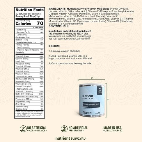 Nutrient Survival Vitamin Powdered Milk, Freeze Dried Prepper Supplies & Emergency Food Supply, 21 Essential Nutrients, Soy & Gluten Free, Shelf Stable Up to 25 Years, One Can, 50 Servings in Saudi Arabia