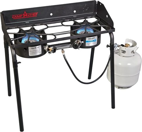 Camp Chef Explorer, Two Burner Stove, Two 30,000 BTU's cast-aluminum burners, Cooking Dimensions: 14 in. x 32 in, Black in Kuwait